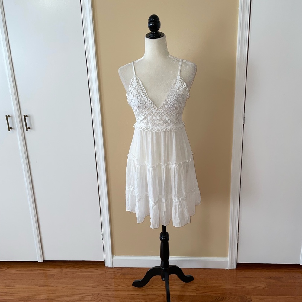 White Crochet Top Backless Mini Beach Coverup Dress - Picture 3 of 8